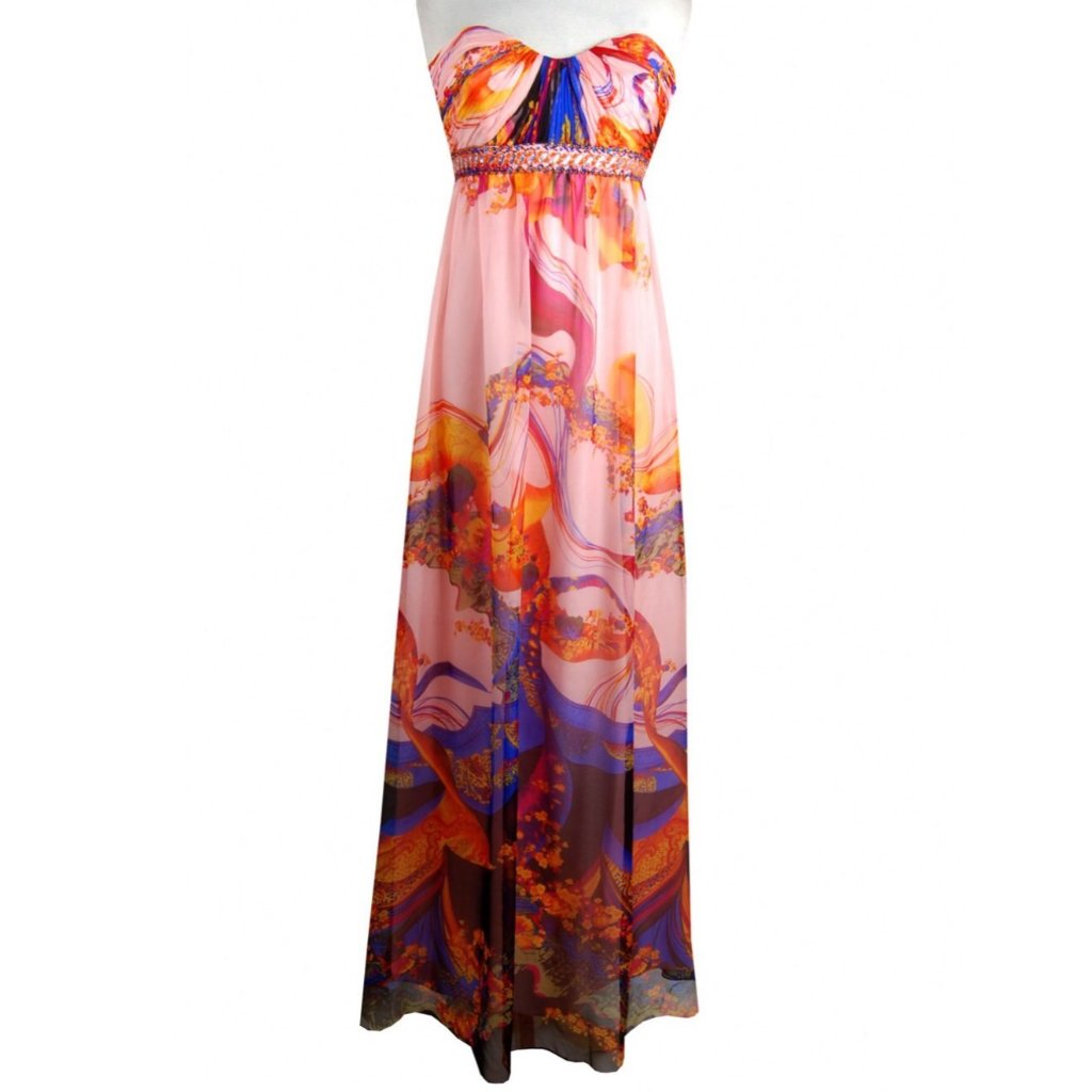 Strapless Pink Orange Purple Printed Prom Gown